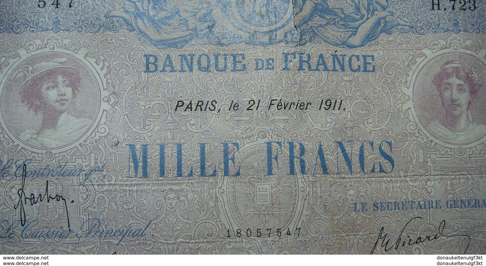 FRANCE 1000 Francs 1911 Blue Et Rose, No Parts Missing, Some Tears And Pinholes As Usual. VERY RARE - 1 000 F 1889-1926 ''Bleu Et Rose''