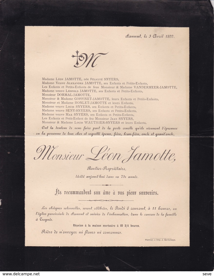 HANNUT TROGNEE Léon JAMOTTE Rentier-propriétaire Famille SNYERS 75 Ans 1899 Famille VANDERMEER GOFFINET - Décès