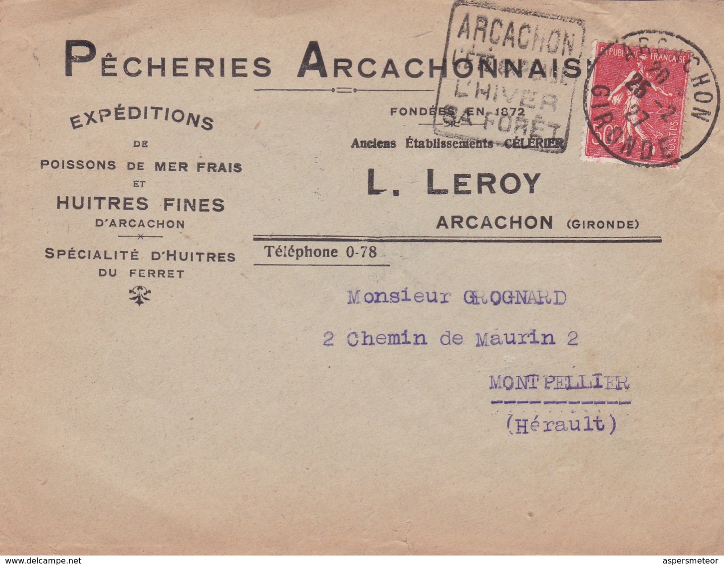 PECHERIES ARCACHON-ENVELOPPE CIRCULEE 1927 GIRONDE A MONTPELIER, BANDELETA PARLANTE - BLEUP - Lettres & Documents