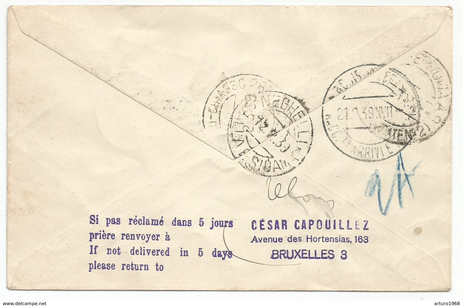 Belgique Belgium Air Mail Vol Bruxelles Negjelli (ligne Rome Asmara Djibouti) 1939 Addis Abeba Ethiopia On Back - Sonstige & Ohne Zuordnung