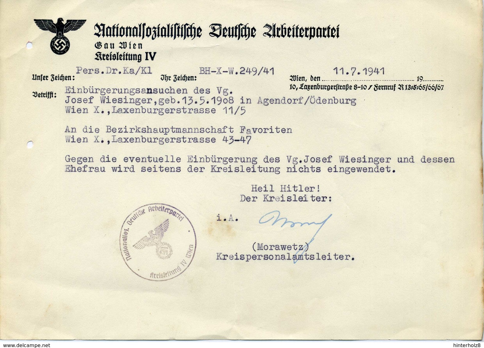 Ostmark; Schreiben Der NSDAP / Gau Wien Betr. Einbürgerung; 1941; Wasserzeichen ! - Documents Historiques