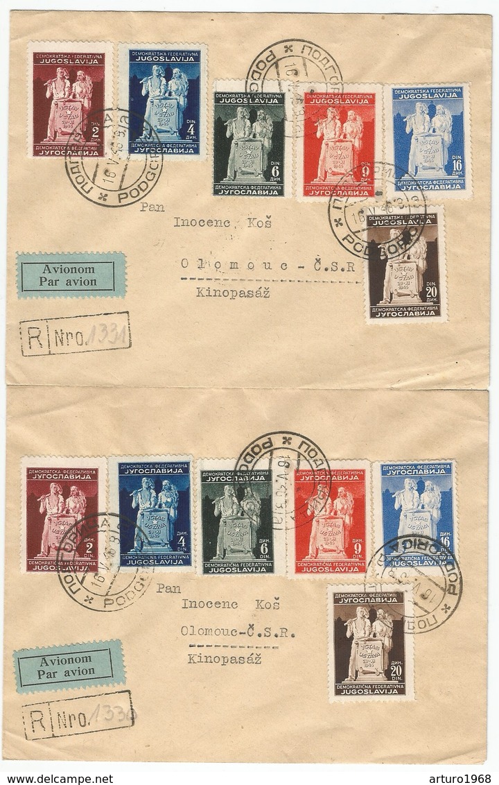 Jugoslawien Yugoslavia Yougoslavie Mi.486/91I + II Both Complete Sets On 2 Registered Covers To Czechoslovakia 1946 - Covers & Documents