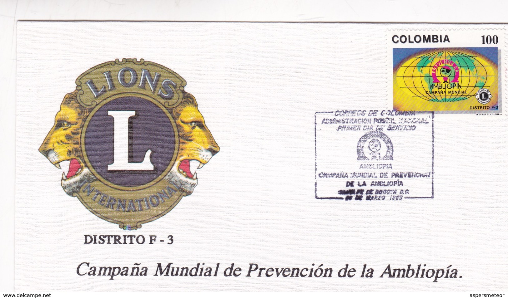 LIONS INTERNATIONAL DISTRITO F3 CAMPAÑA DE PREVENCION AMBLIOPIA-FDC 1993 COLOMBIA - BLEUP - Rotary, Club Leones