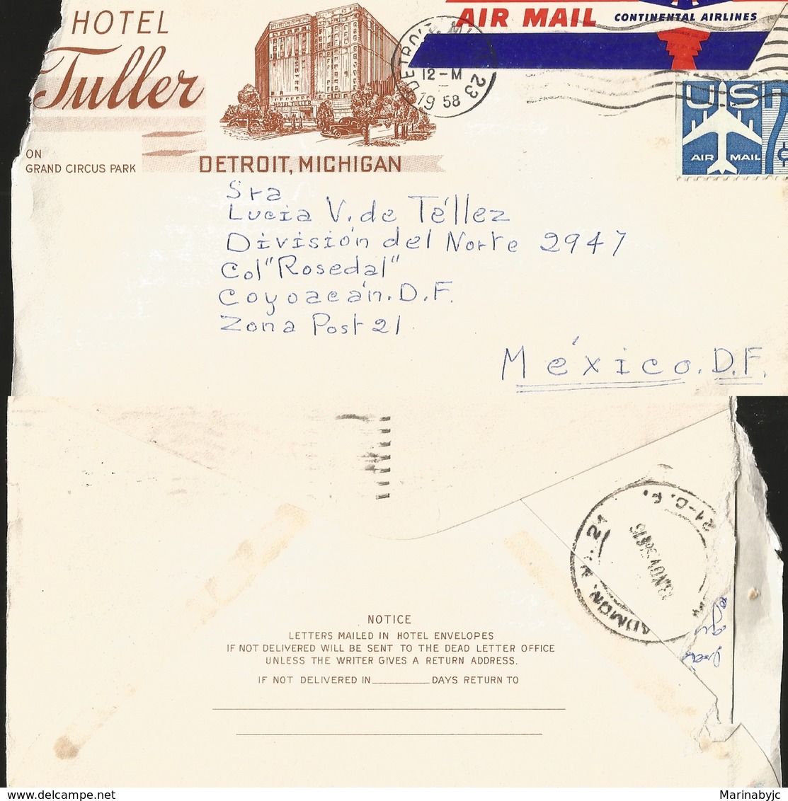 J) 1958 UNITED STATES, COMMERCIAL LETTER, HOTEL TULLER, DETROIT MICHIGAN, AIRPLANE, AIRMAIL, CIRCULATED COVER, FROM USA - Covers & Documents