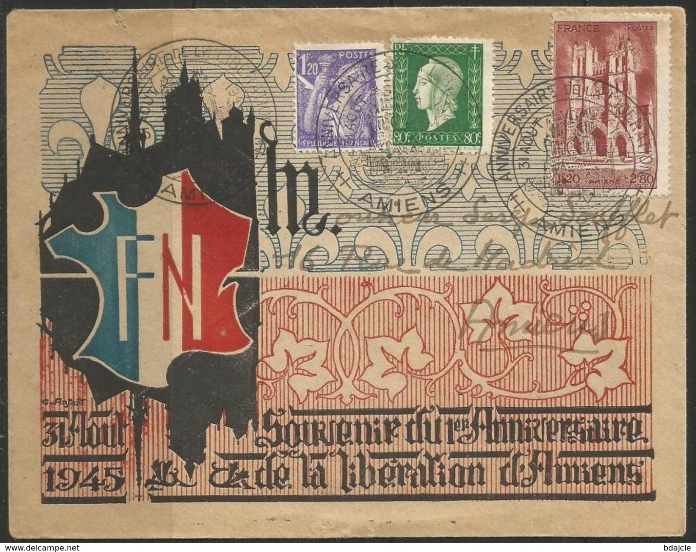 Enveloppe Entière - 1er Souvenir Anniversaire Libération Amiens - 31 Août 1945 - Lettres & Documents