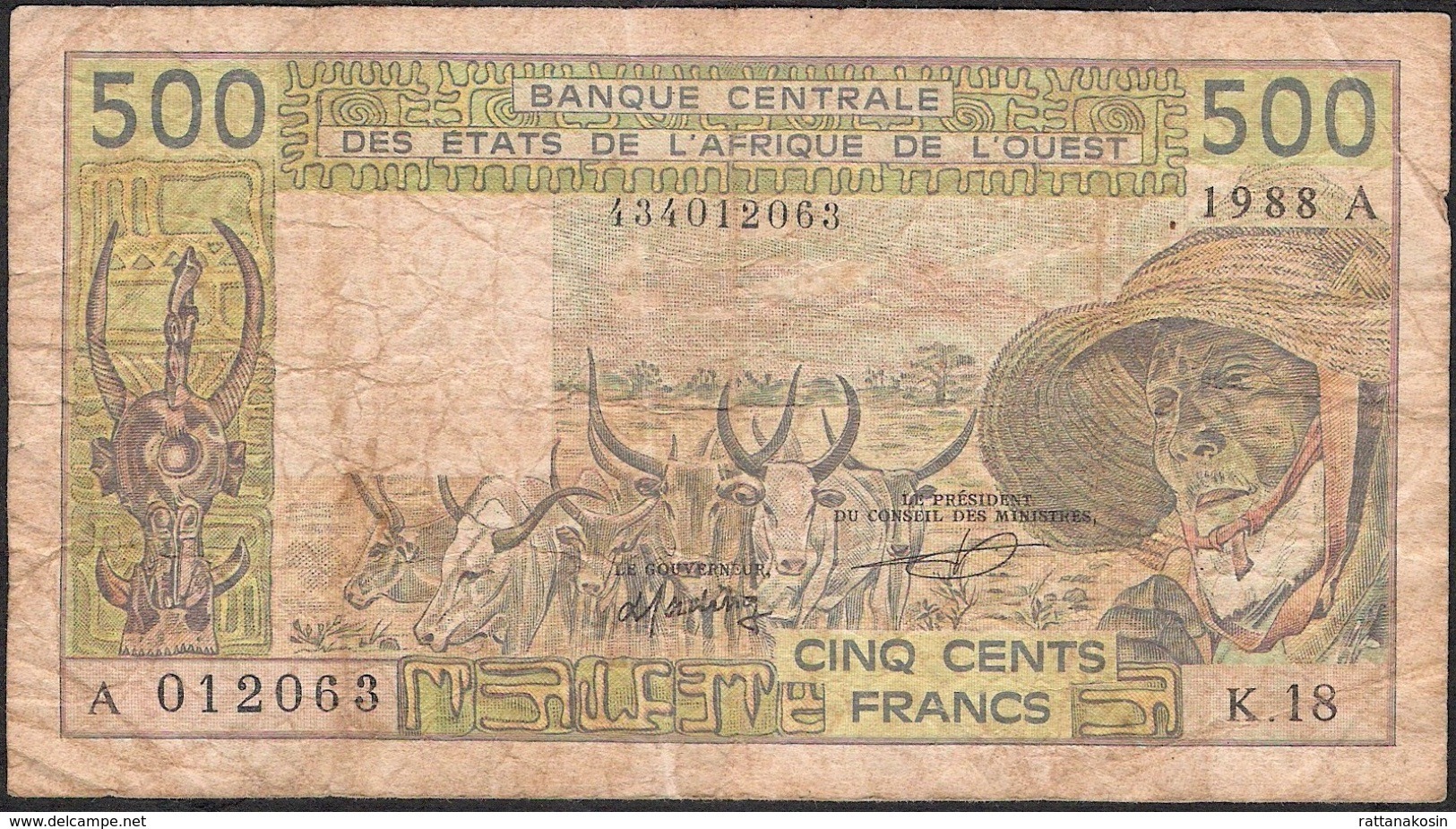 WEST AFRICAN STATES IVORY COAST P106Aa 500 FRANCS (19)88 FINE NO Tear,NO P.h. - Estados De Africa Occidental