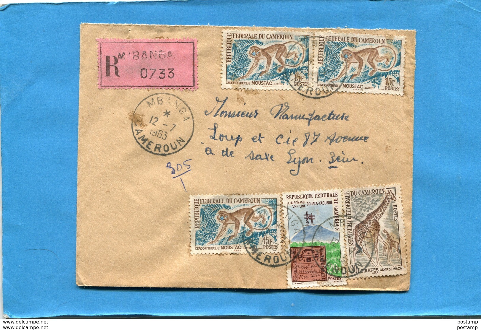 Marcophilie-Cameroun-lettre REC >Françe-cad-MBANGA-1963-5-stamp N°349 Moustac+368 Liaison Vhf - Cameroun (1960-...)