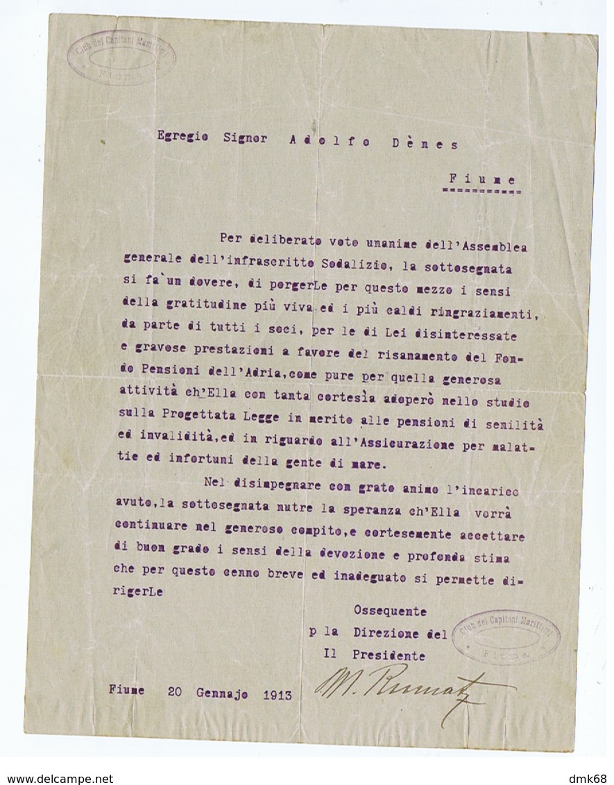 FIUME / RIJEKA  - LETTERA DATTILOSCRITTA FIRMATA DAL PRESIDENTE CLUB CAPITANI MARITTIMI - GENNAIO 1913 - Other & Unclassified