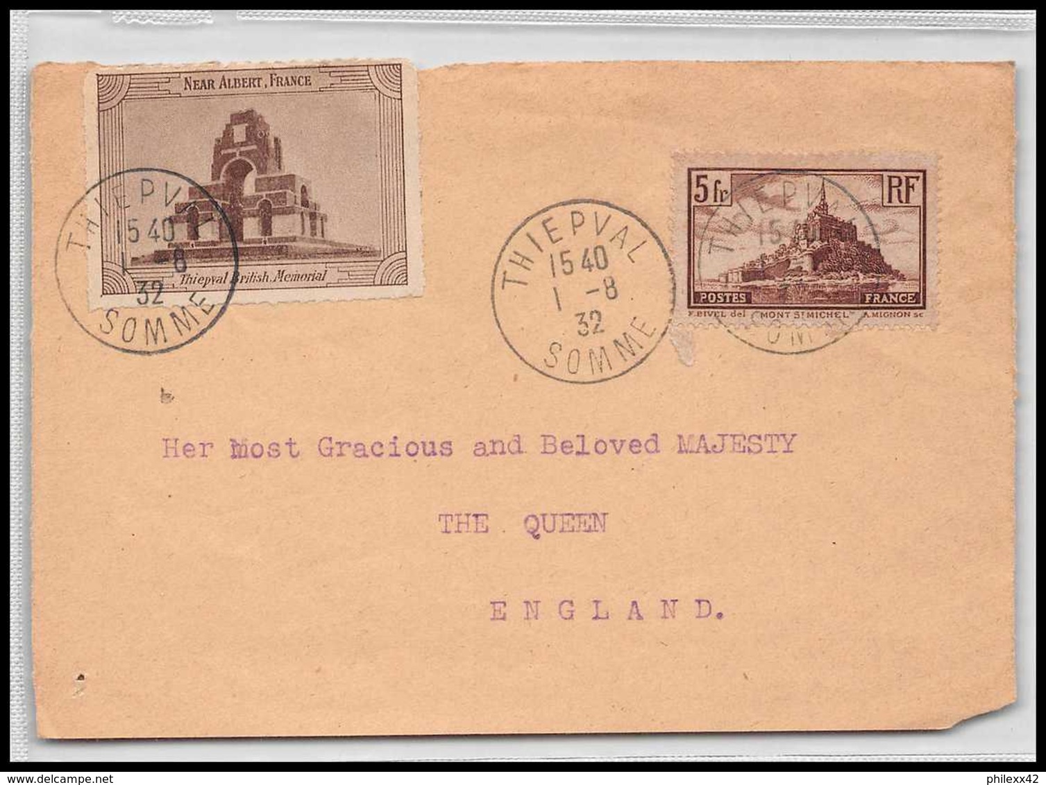 9395 Vignette Thiepval Somme 1932 N°260 Mont St Michel Grande Bretagne Great Britain Devant De France Lettre Cover - 1921-1960: Modern Period