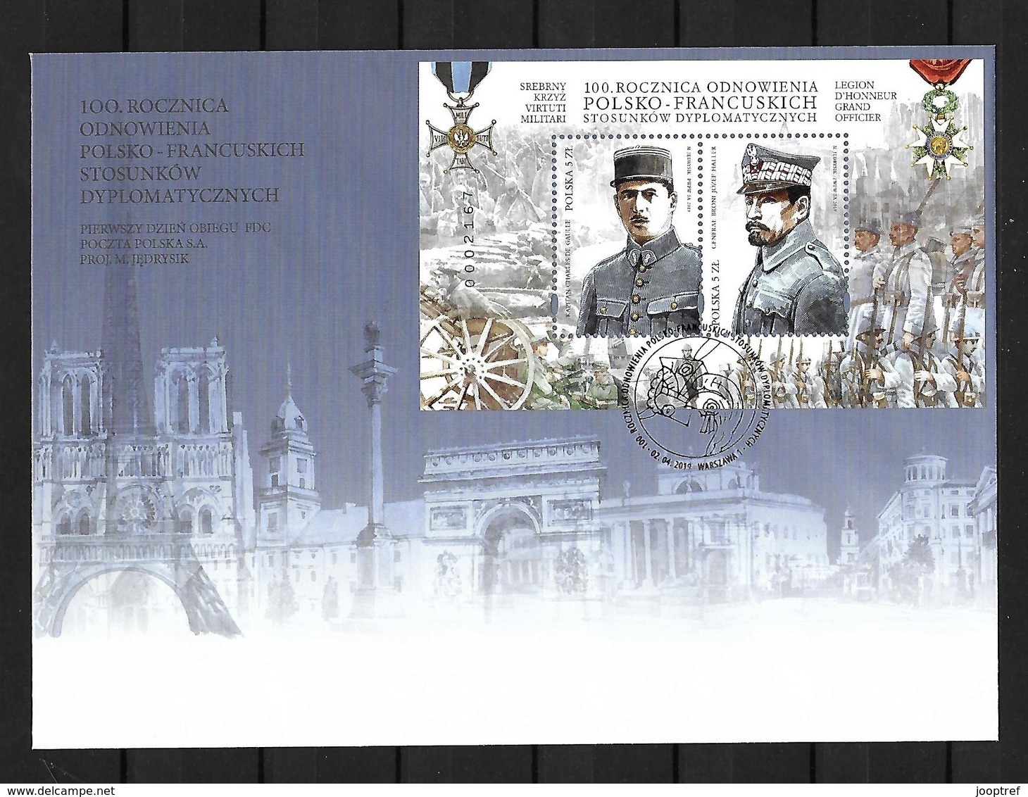 2019 Commune Pologne Et France, FDC POLOGNE AVEC BLOC 2 TIMBRES: Renouvellement Relations Diplomatiques - Emissions Communes