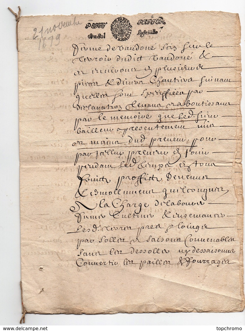 Acte Notarial Notaire Manuscrit Cachet Généralité De Paris Petit Papier Un Sol La Feuille 1679 17ème 4 Pages Incomplet - Seals Of Generality