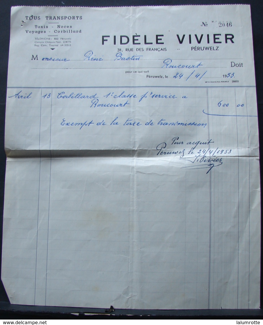 Fac. Vivier Fidèle Tous Transports Taxis Noces Voyages Corbillard.1953 - Transportmiddelen
