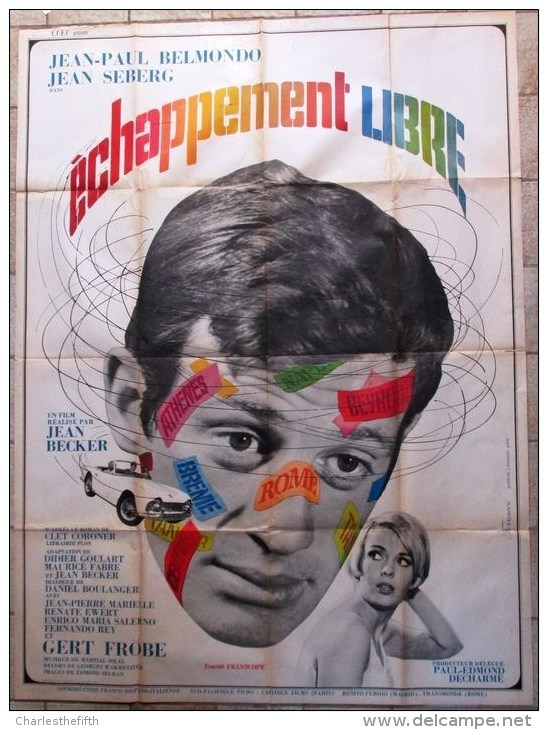 SUPERBE GRAND AFFICHE CINEMA " FERRACI - ECHAPPEMENT LIBRE 1964 "- JEAN PAUL BELMONDO & JEAN SEBERG - BON ETAT - Affiches