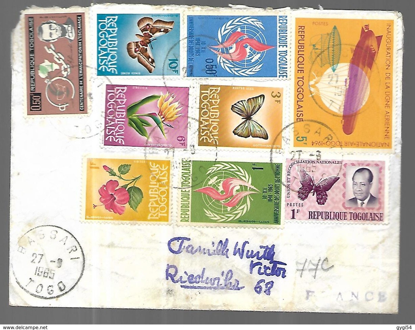 Togo Lettre     27  09  1965    De   Bassari   Vers  Riedwiller  Thème Papillons - Togo (1960-...)