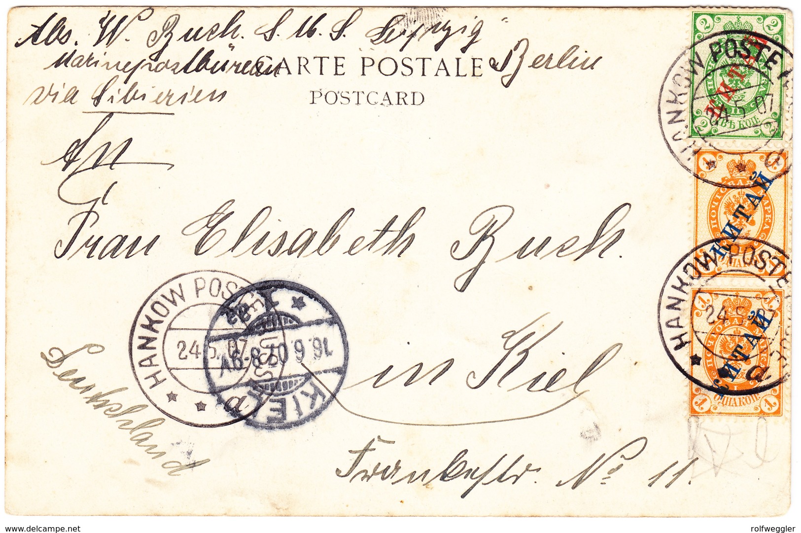 1907 Russische Post In China, Hankow; AK Aus Hankow Nach Kiel - Chine