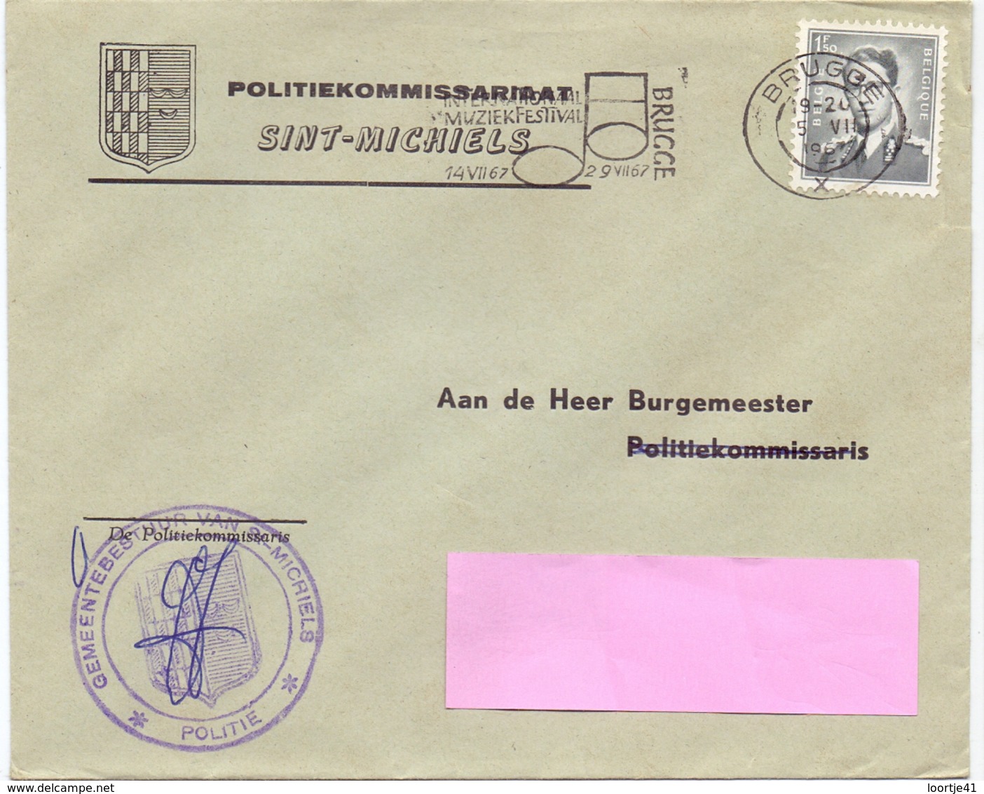 Omslag Enveloppe - Politiekommisariaat Sint Michiels - Stempel Cachet Brugge 1967 - Enveloppes