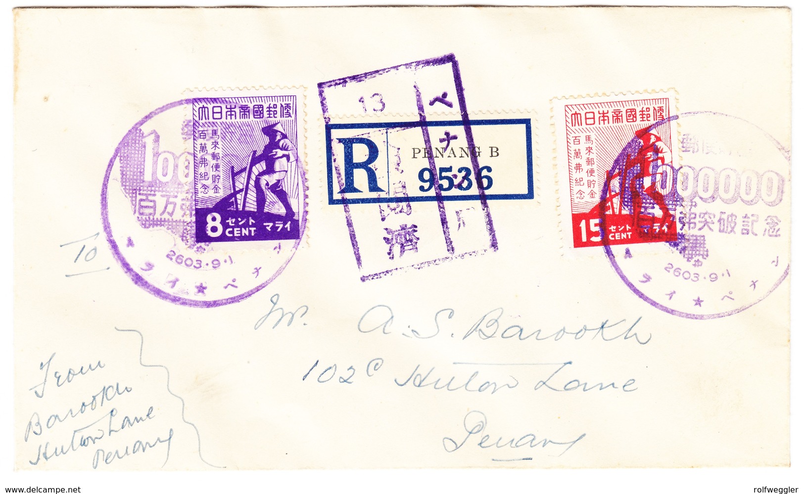 1943 Japanische Besetzung In Malaya; Spareinlagen Auf R-Brief, Ersttagstempel Nach Penang - Japanisch Besetzung