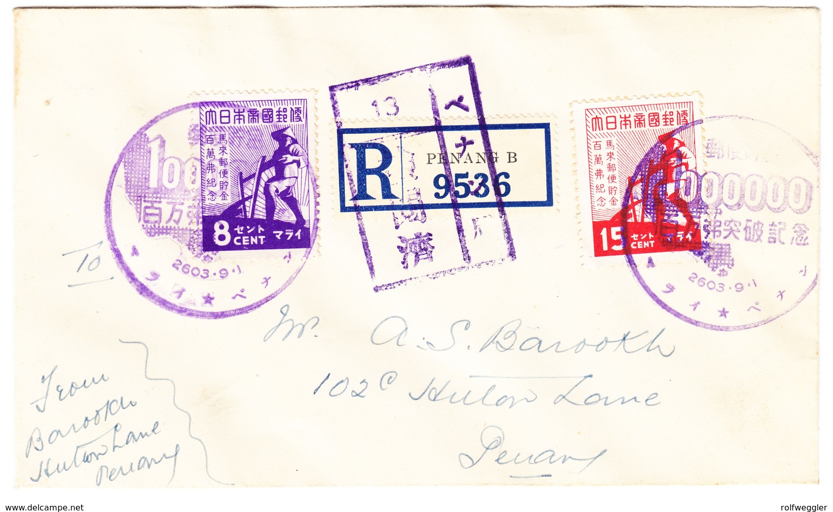 1943 Japanische Besetzung In Malaya; Spareinlagen Auf R-Brief, Ersttagstempel Nach Penang - Japanese Occupation