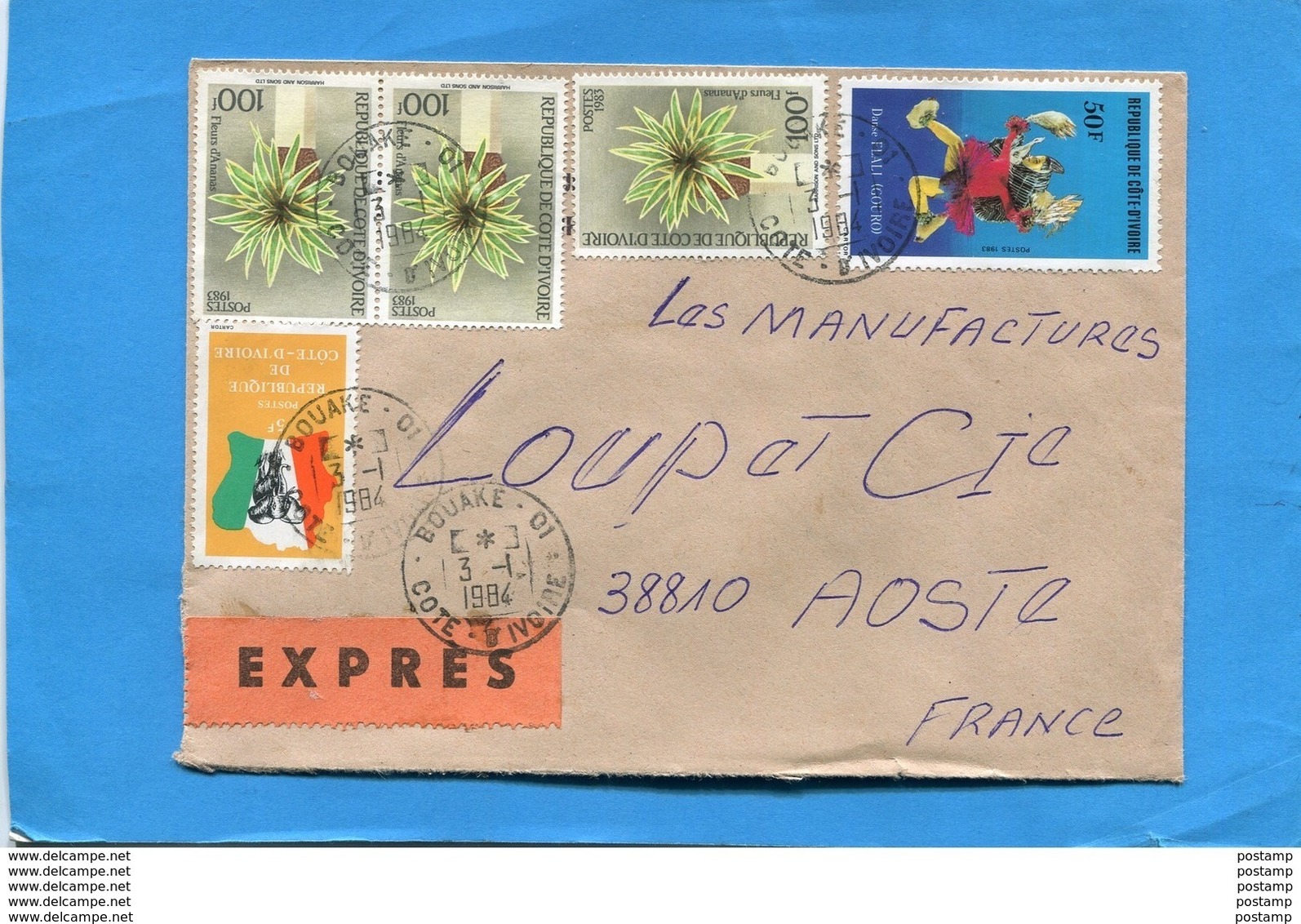 MARCOPHILIE Lettre EXPRES-cote D'ivoire>Françe-cad-bouaké-1984-**RARE**stampsX3- N°675C - Côte D'Ivoire (1960-...)