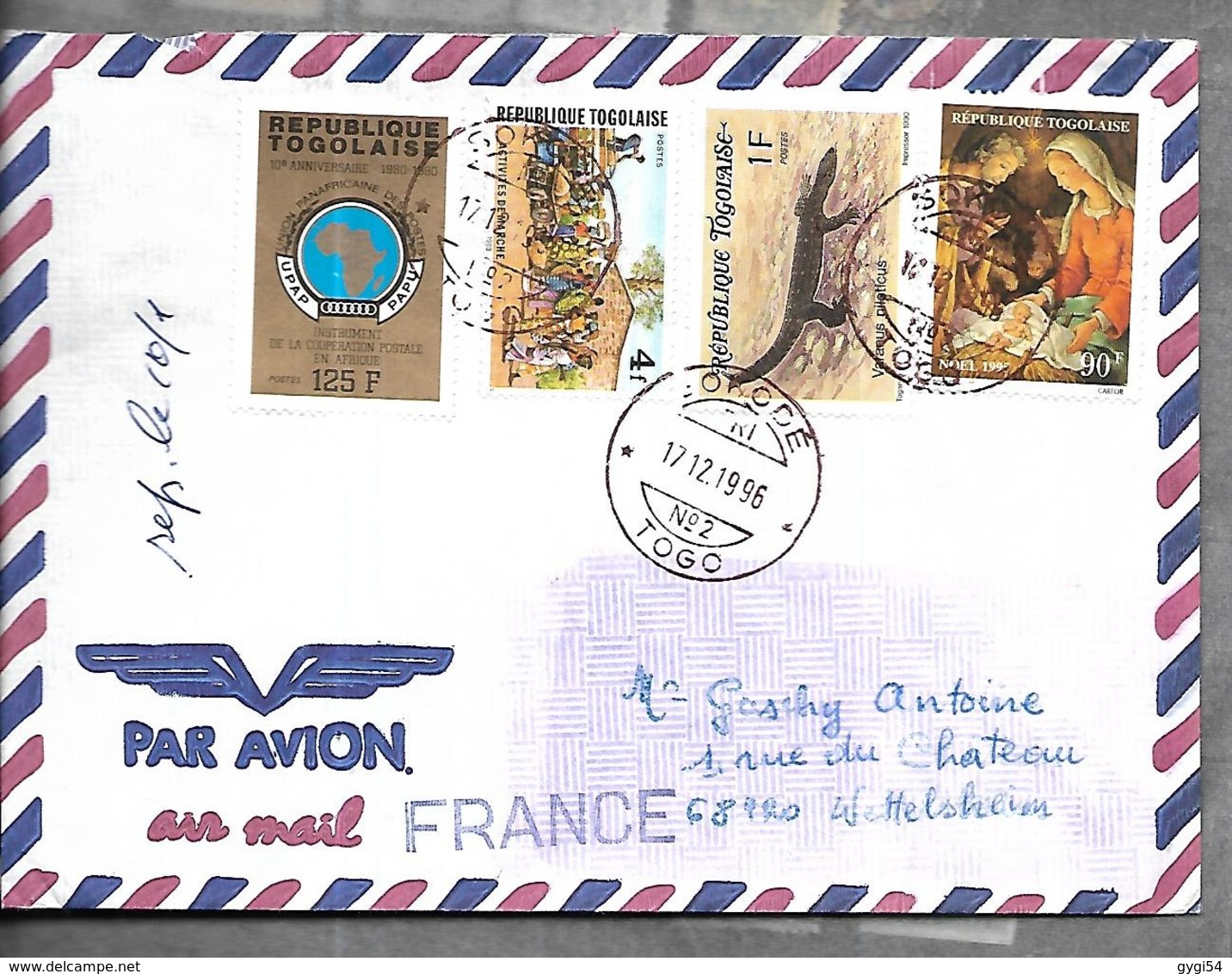 Togo Lettre     17  12  1996    De   Sokodé    Vers  Wettelsheim  Thème Reptiles - Togo (1960-...)