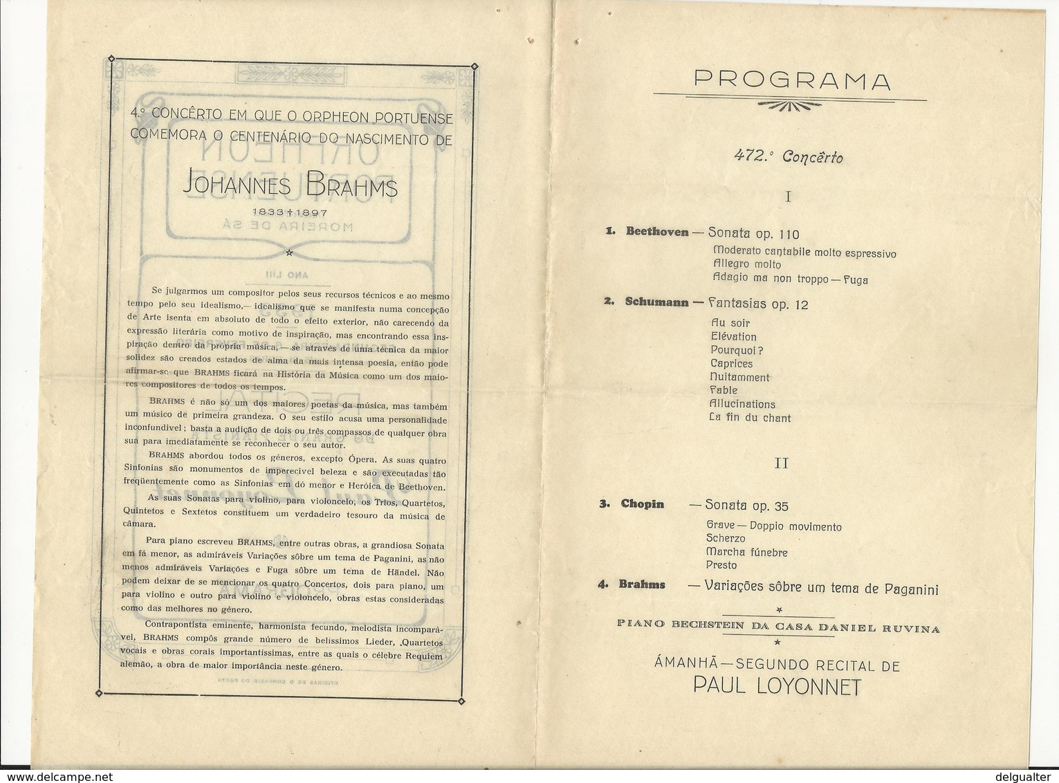 Program - Portugal - Orpheon Portuense - 6 Fevereiro 1933 - Paul Loyonnet - Programmes