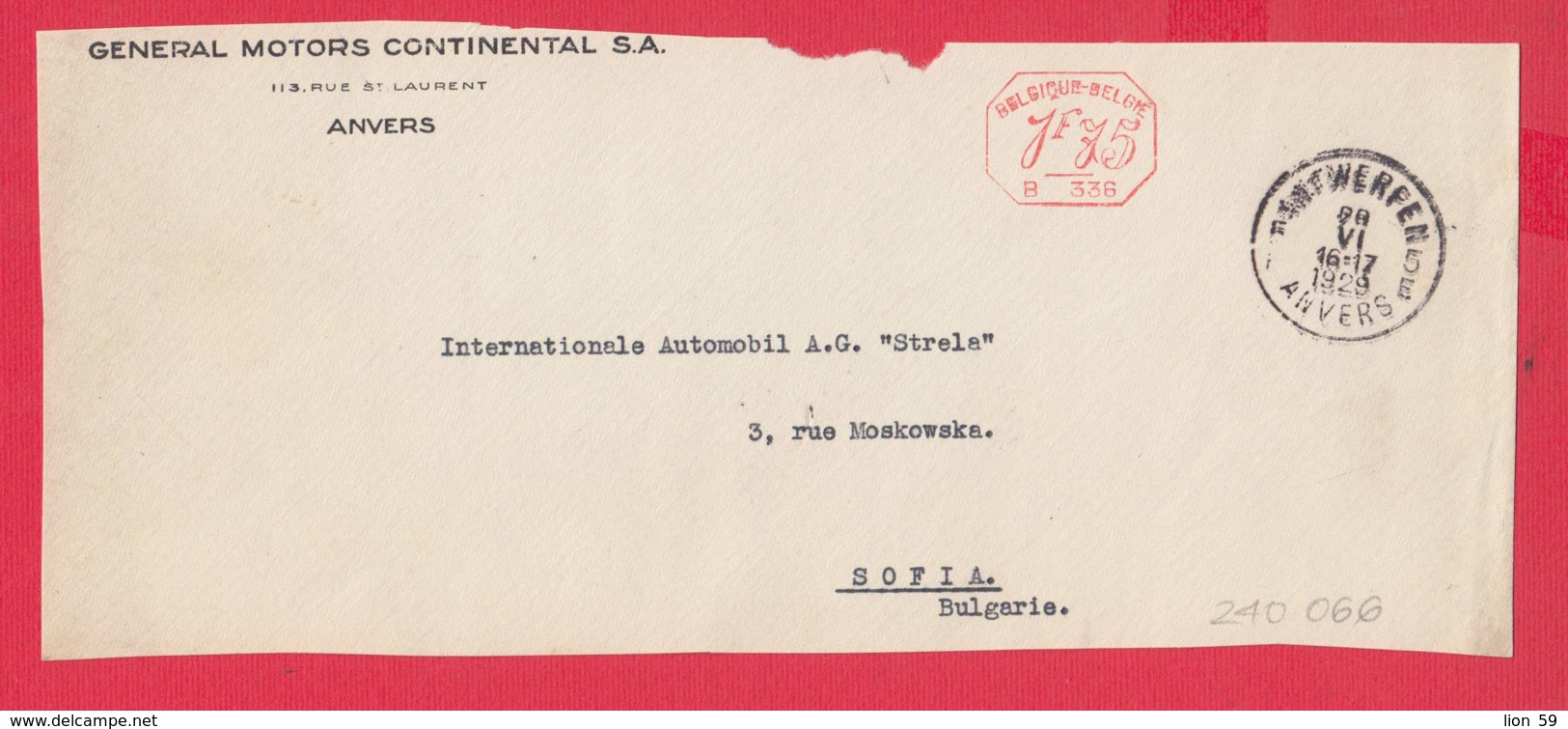 240066 / Belgium - ANVERS 1929 -  1.75 F. (B. 336) - GENERAL MOTORS CONTINENTAL S.A. - Franking Machine , EMA - ...-1959