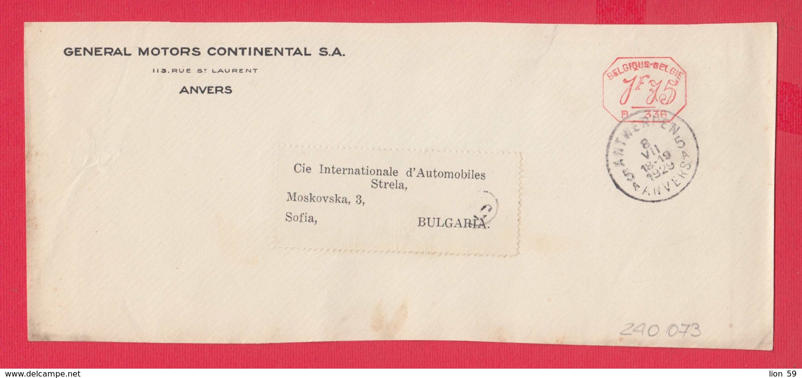 240073 / Belgium - ANVERS 1929 - 1.75 F. (B. 336) - GENERAL MOTORS CONTINENTAL S.A. - Franking Machine , EMA - ...-1959