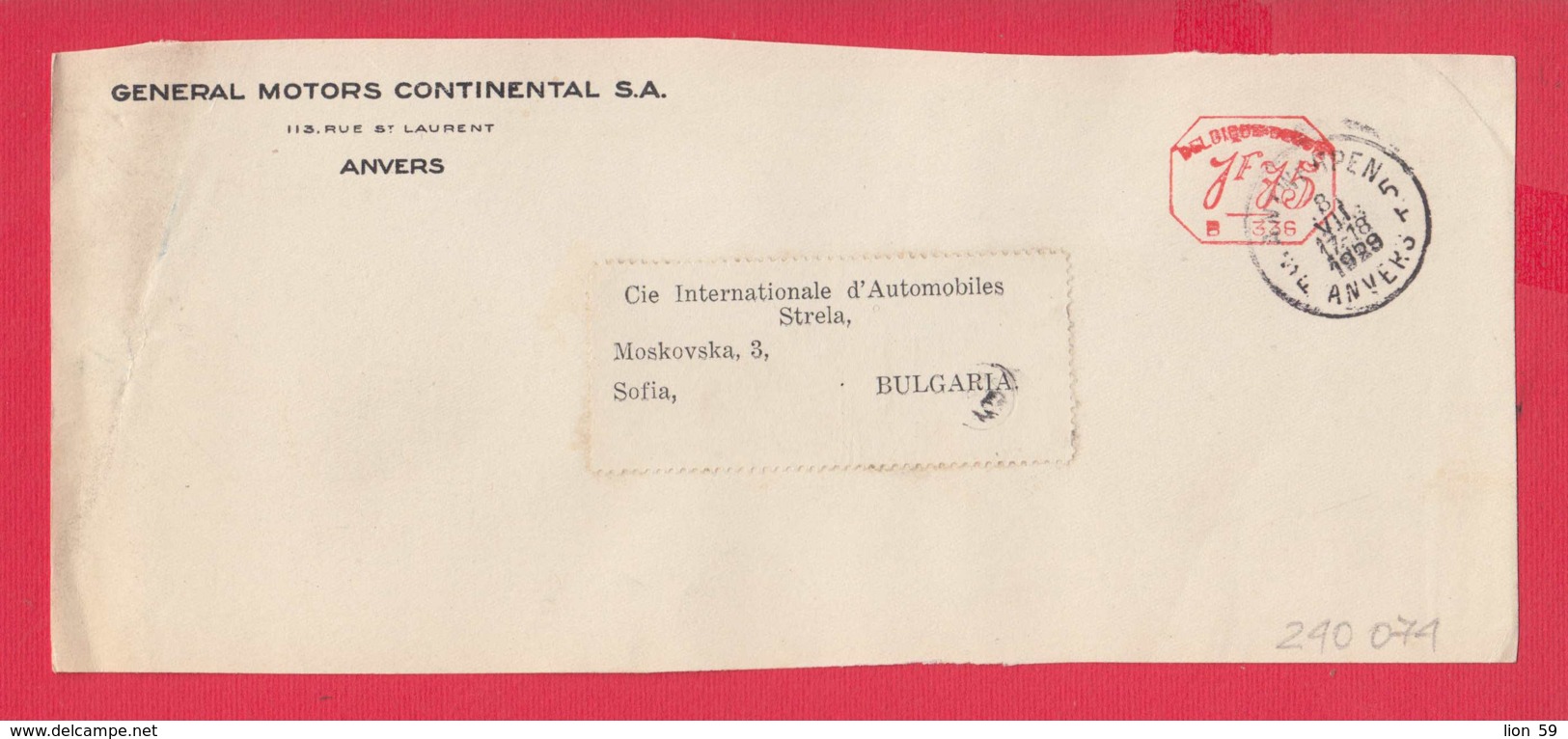 240074 / Belgium - ANVERS 1929 - 1.75 F. (B. 336) - GENERAL MOTORS CONTINENTAL S.A. - Franking Machine , EMA - ...-1959