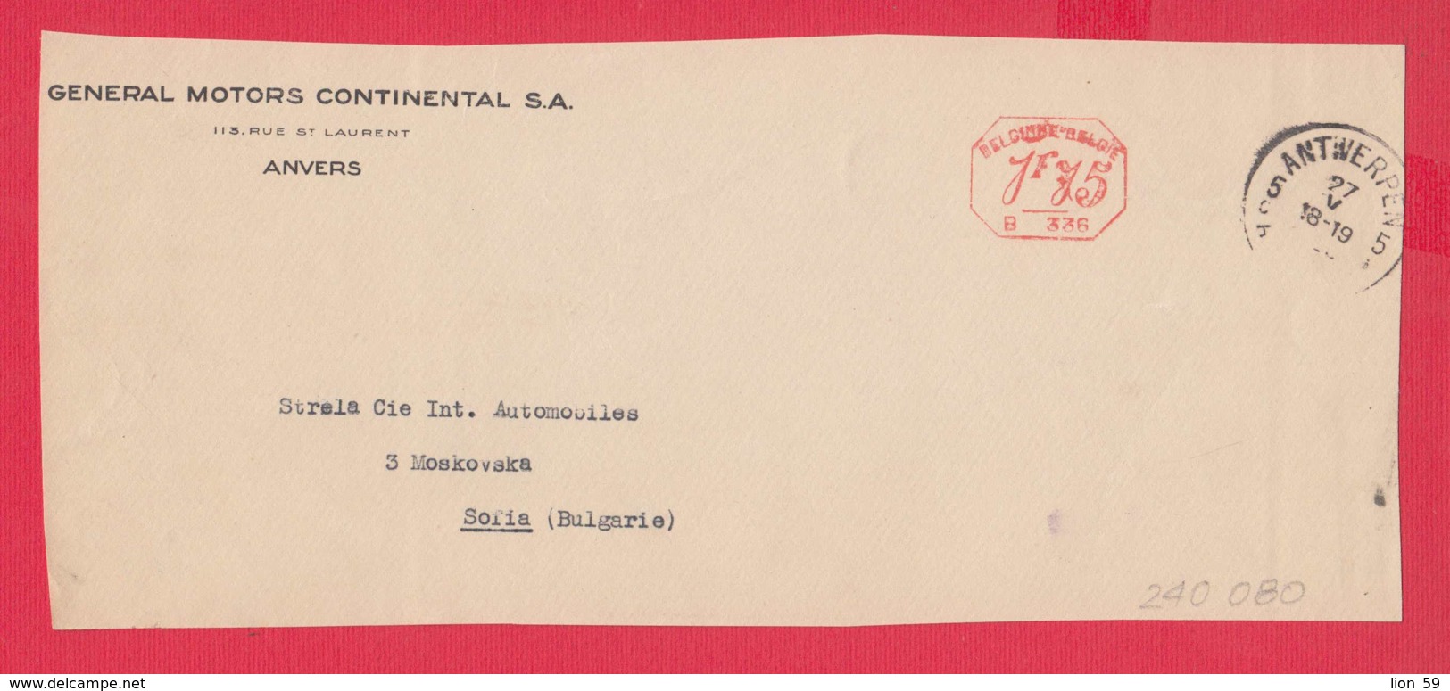 240080 / Belgium - ANVERS 1929 - 1.75 F. (B. 336) - GENERAL MOTORS CONTINENTAL S.A. - Franking Machine , EMA - ...-1959