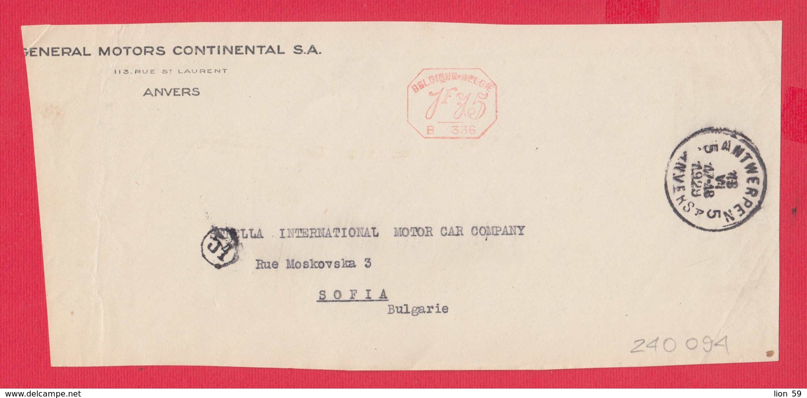 240094 / Belgium - ANVERS 1929 - 1.75 F. (B. 336) - GENERAL MOTORS CONTINENTAL S.A. - Franking Machine , EMA - ...-1959