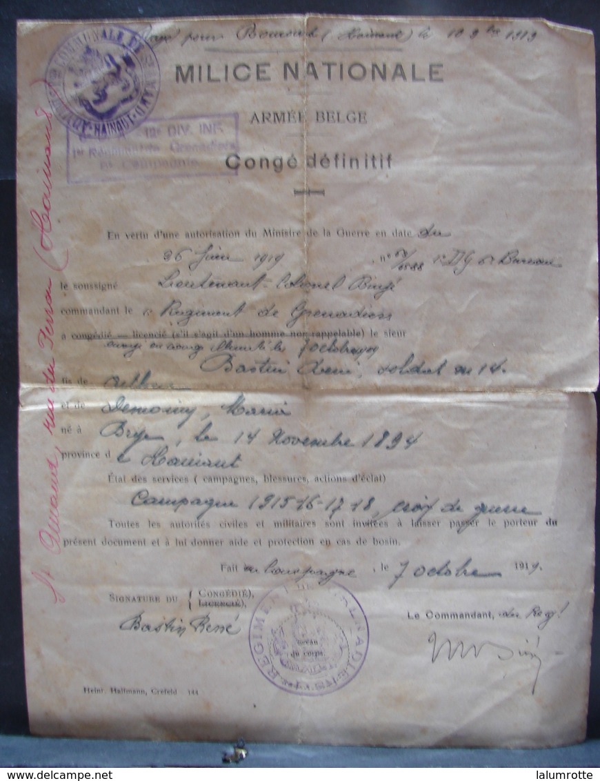 DH. 102. Document De Congé Définitif Pour Le Soldat René Bastin Régiment De Grenadiers Décoré De La Croix De Guerre - Documents