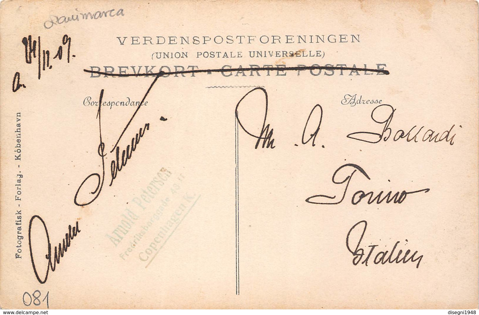 M07982 " København-Holmes Kanal " ANIMATA-CARTOLINA POSTALE ORIGINALE SPEDITA 1909 - Danimarca