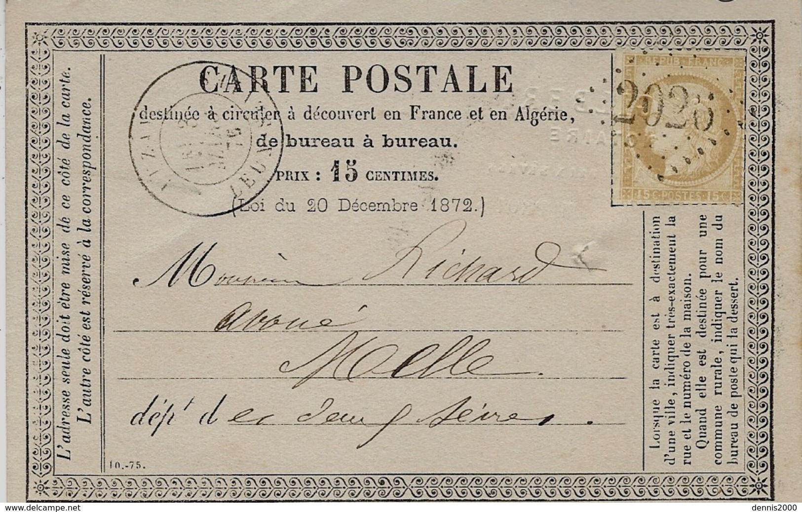 1876- Carte Précurseur Affr. N°59 Oblit. GC 2024 De Lezay (deux Sèvres ) - 1849-1876: Période Classique