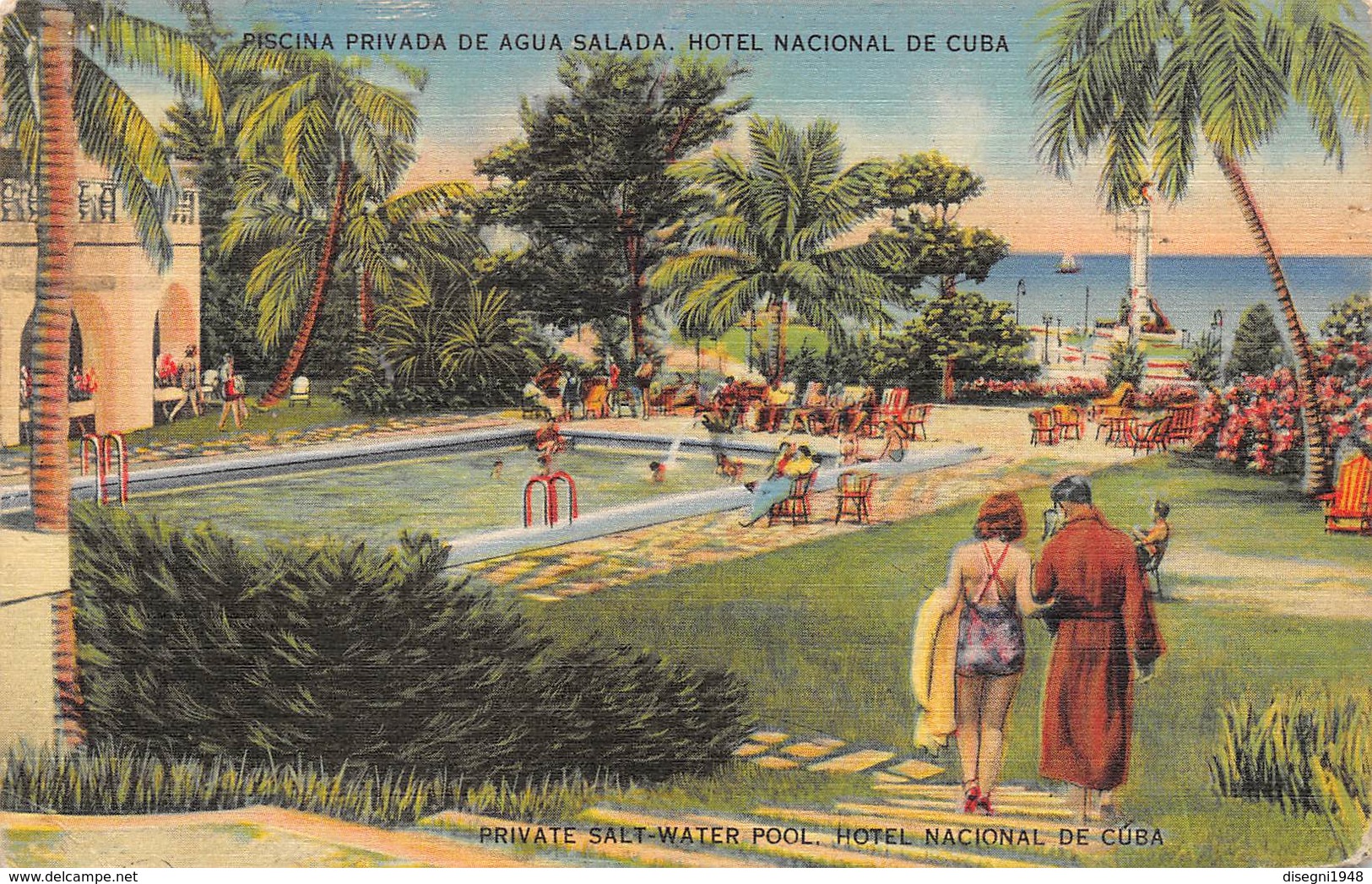 M07983 "HOTEL NACIONAL DE CUBA-PISCINA PRIVADA DE AGUA SALADA" ANIMATA-CARTOLINA POSTALE ORIGINALE SPEDITA 1948 - Cuba