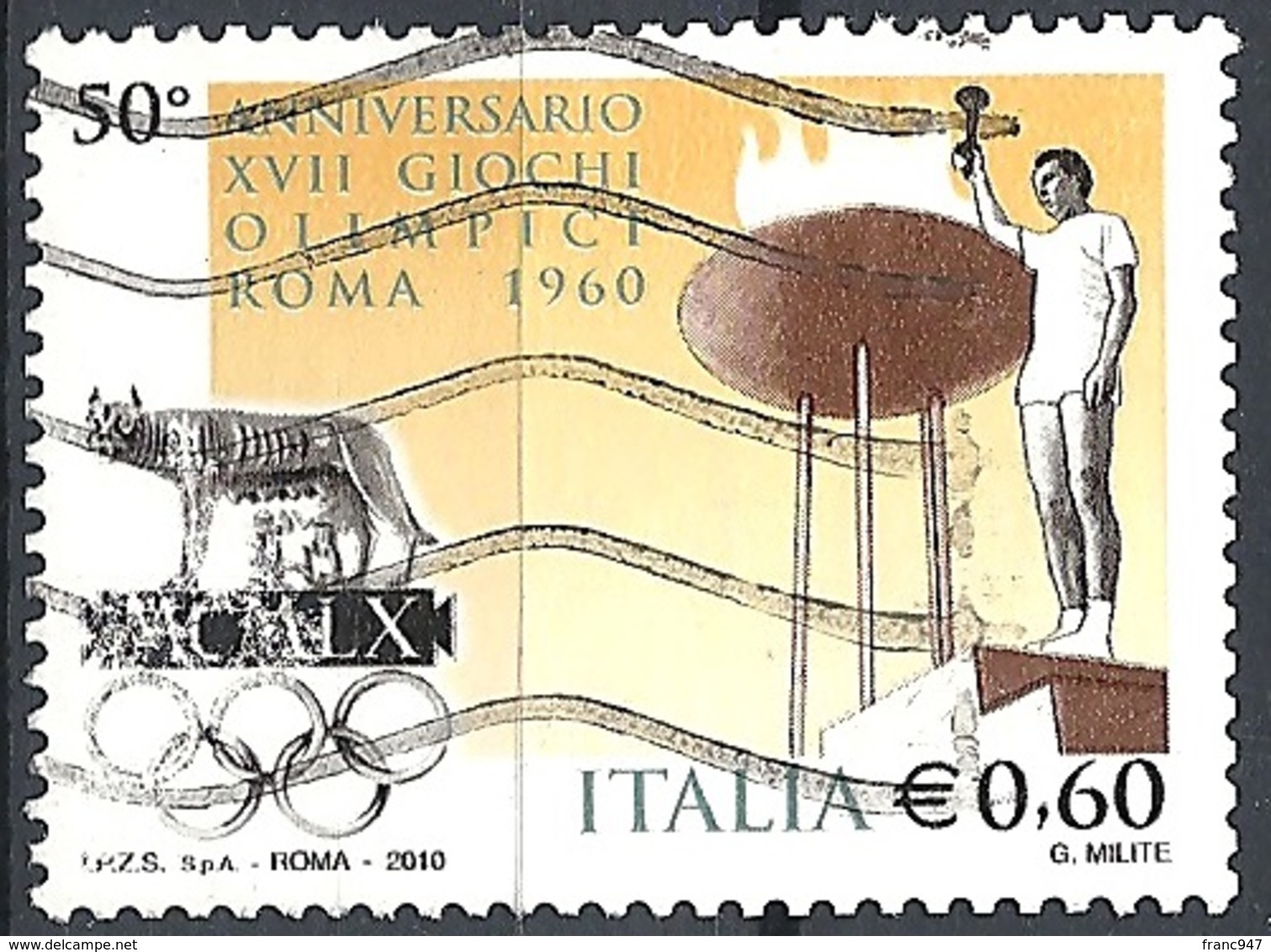 Italia, 2010 Anniv. Dei Giochi Olimpici Di Roma "60, 0.60 € # Sassone 3189 - Michel 3399 - Scott 3018 USATO - 2001-10: Usati