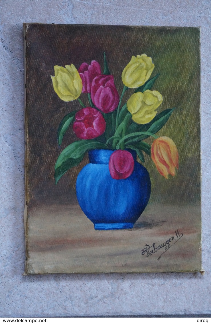 Superbe Peinture Huile Sur Toile Signé Verbruggen,Fleurs,Tulipes,dimensions 24 Cm./ 17 Cm. - Huiles