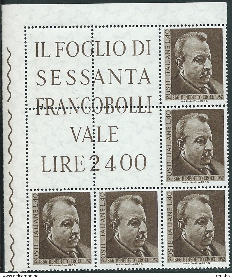 Italia 1966; Benedetto Croce, Filosofo; Blocco Angolare Di 5 Valori- - 1961-70: Nieuw/plakker