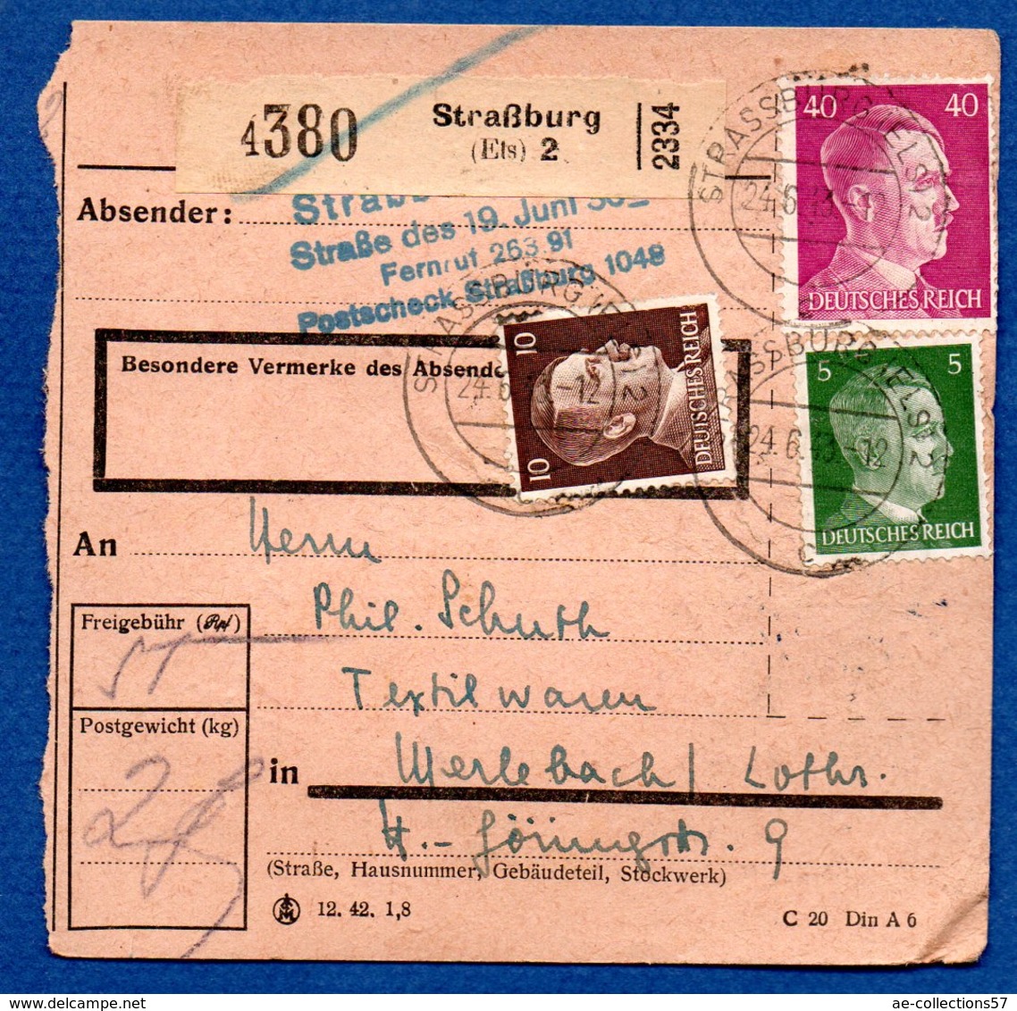 Colis Postal  -   Départ Strasbourg 2  -  24/6/43   -- - Lettres & Documents