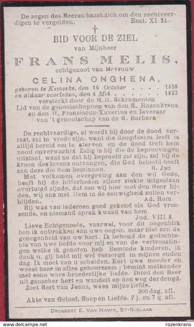 Frans Melis Celina Onghena Kemzeke Kemseke Waasland 1923 Doodsprentje Bidprentje Image Mortuaire - Images Religieuses