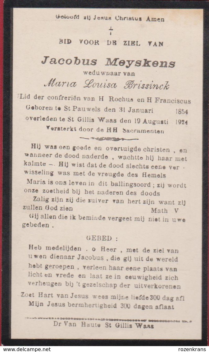 Jacobus Meyskens Maria Brissinck Sint St. Pauwels Waasland Gillis Waas 1924 Doodsprentje Bidprentje Image Mortuaire - Images Religieuses