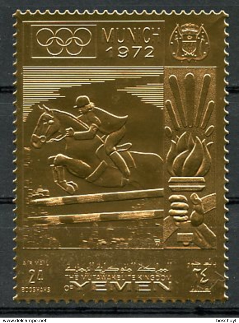 Yemen Kingdom, Olympic Summer Games Munich 1972, Horse Riding, Equestrian, Jumping, MNH Gold Foil, Perf, Michel 914A - Yémen