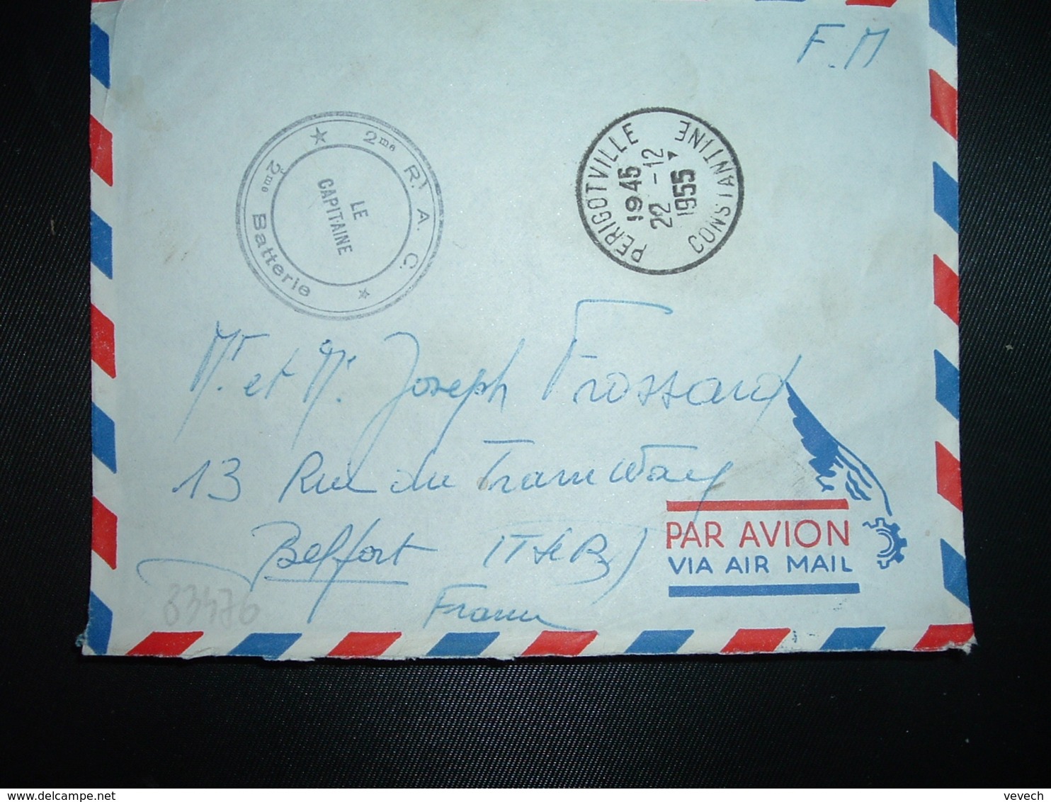 LETTRE En FM OBL.22-12 1955 PERIGOTVILLE CONSTANTINE+ 2me R.A.C. 2me Batterie + Exp. R. FROSSARD - Guerre D'Algérie