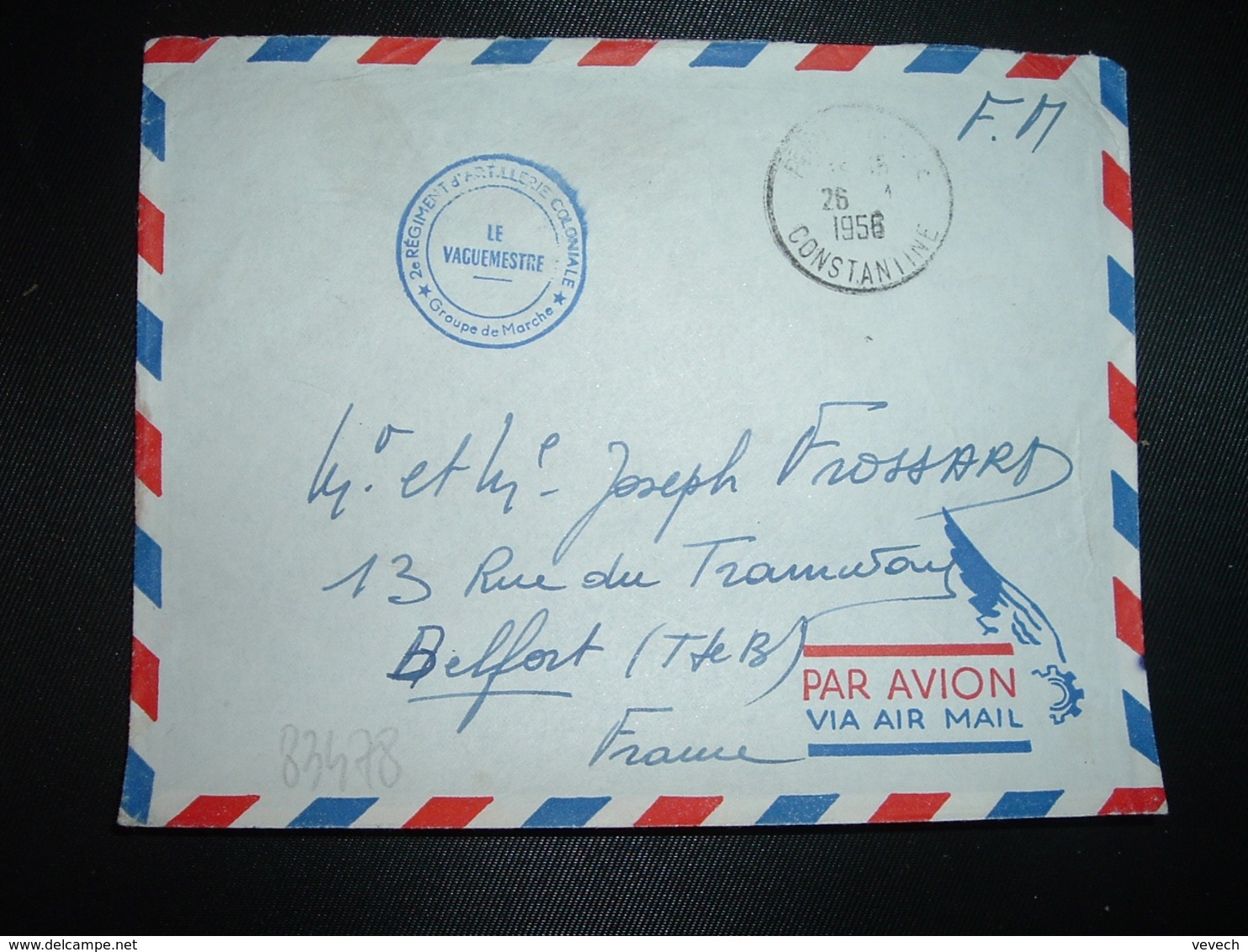 LETTRE En FM OBL.26-1 1956 PERIGOTVILLE CONSTANTINE 2e REGIMENT D'ARTILLERIE COLONIALE Groupe De Marche+exp. R. FROSSARD - Guerre D'Algérie