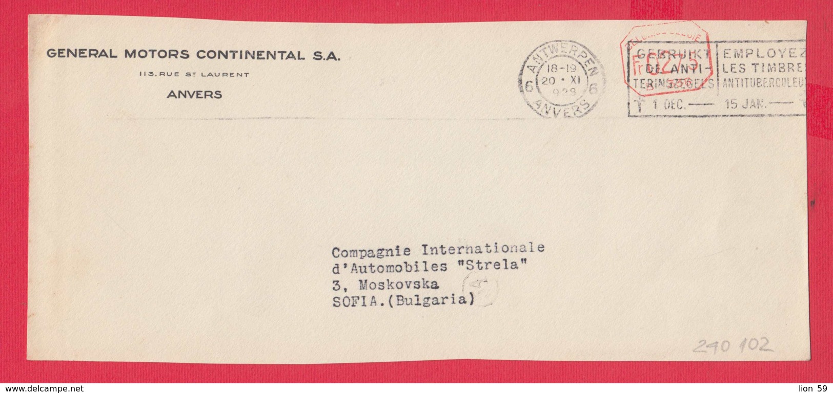 240102 / Belgium - ANVERS 1929 - Fr. 0275 (B. 336) - GENERAL MOTORS CONTINENTAL S.A. - FLAMME , Franking Machine , EMA - ...-1959