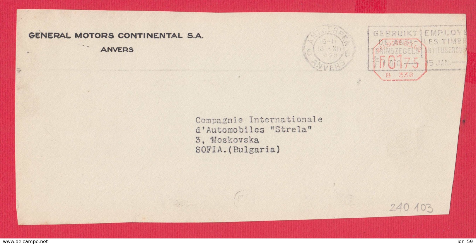 240103 / Belgium - ANVERS 1929 - Fr. 0175 (B. 336) - GENERAL MOTORS CONTINENTAL S.A. -  Franking Machine , EMA - ...-1959