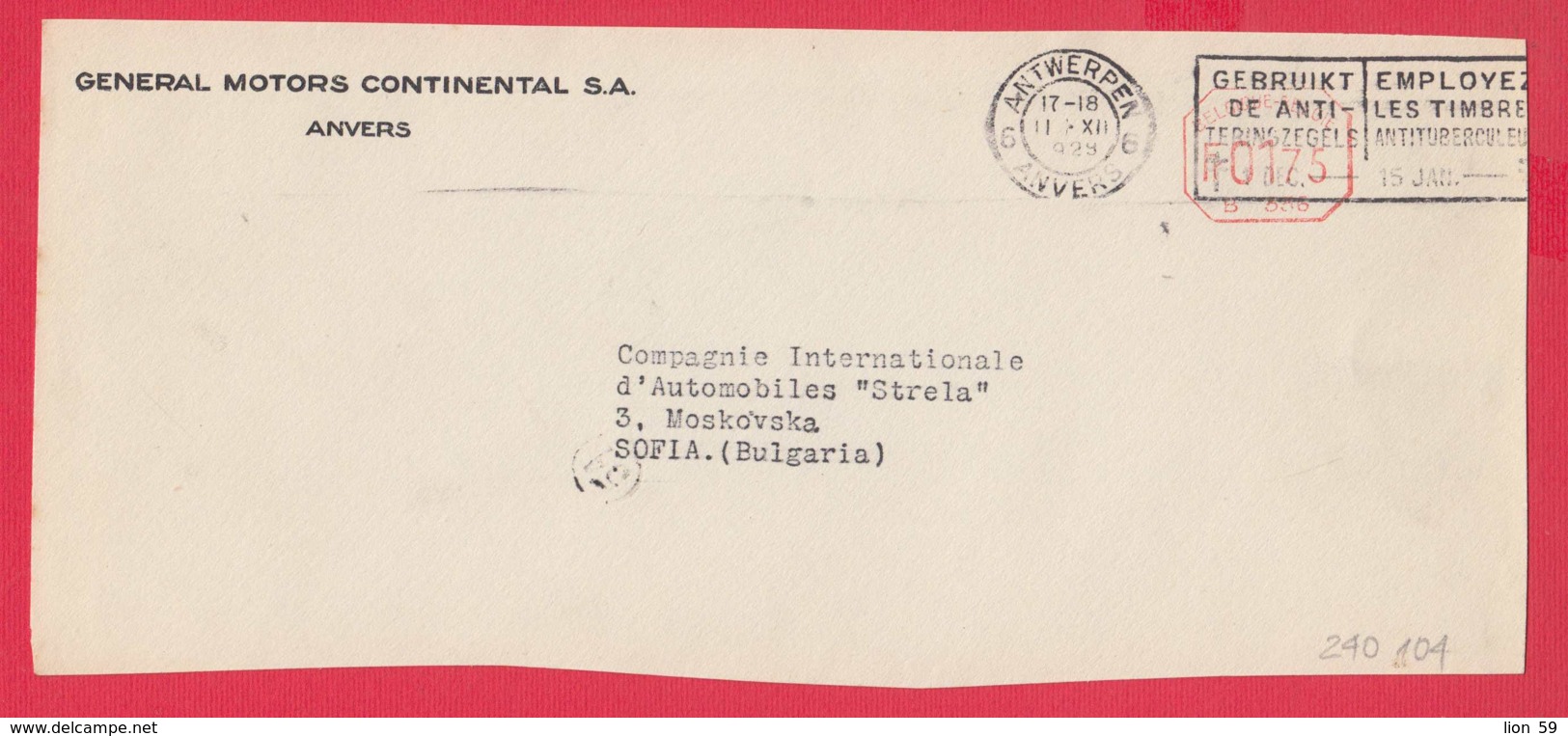 240104 / Belgium - ANVERS 1929 - Fr. 0175 (B. 336) - GENERAL MOTORS CONTINENTAL S.A. -  Franking Machine , EMA - ...-1959