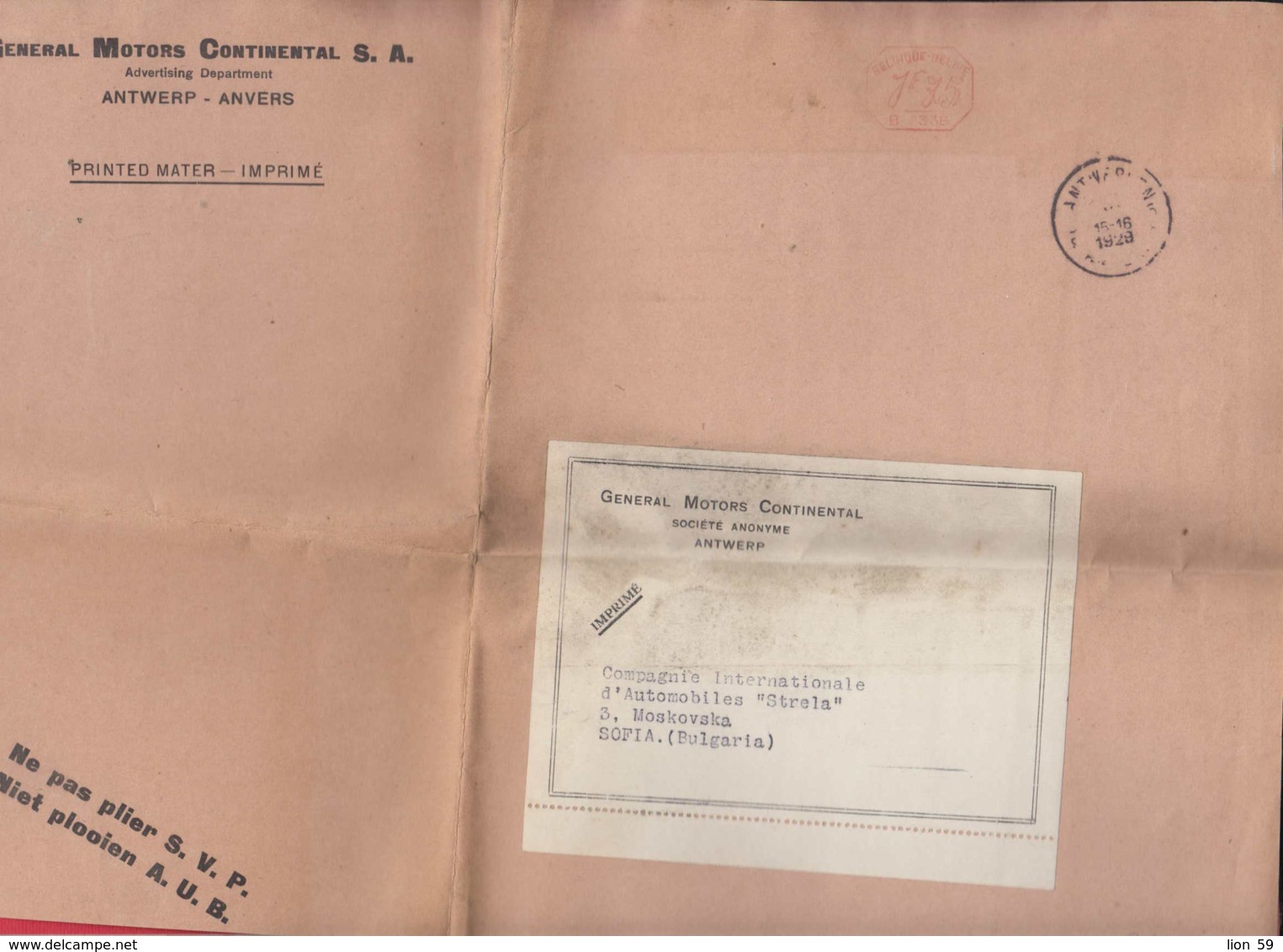 240120 / Belgium - ANVERS 1929 - 1.75 F.  (B. 336) - GENERAL MOTORS CONTINENTAL S.A. - Franking Machine , EMA - ...-1959