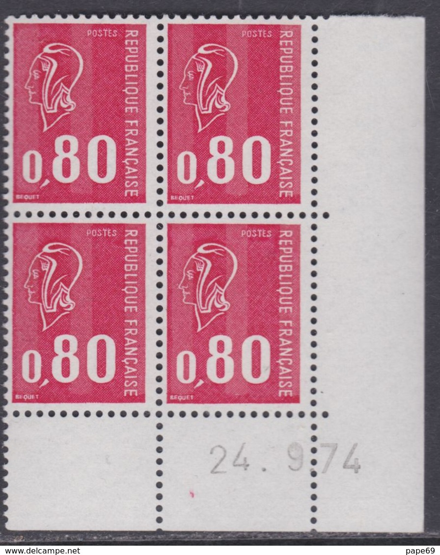 France N° 1816 XX Marianne De Bequet : 80 C. Rouge En Bloc De 4 Coin Daté Du 24 . 9 . 74 ;  3 Bdes Phosp Ss Ch., TB - 1970-1979