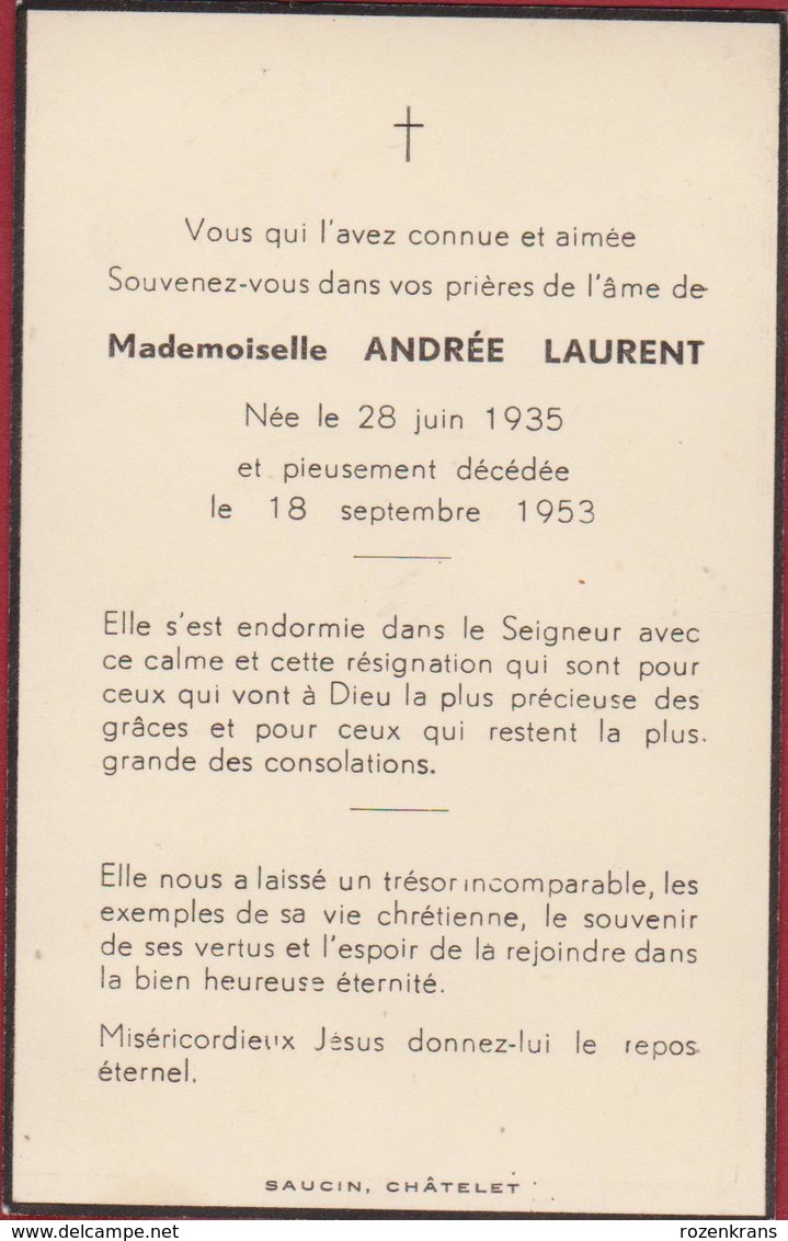 Mademoiselle Andree Laurent 1953 Saucin Chatelet Doodsprentje Bidprentje Image Mortuaire - Devotion Images