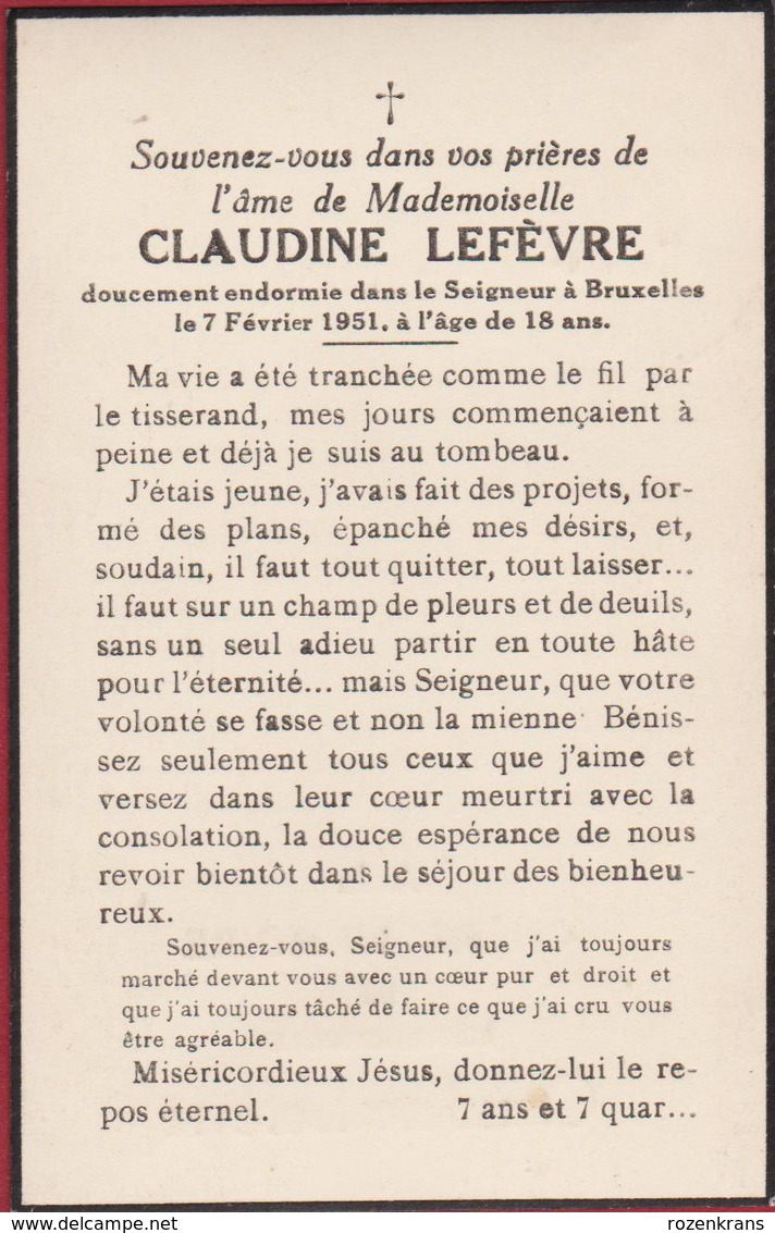 Mademoiselle Claudine Lefevre Bruxelles 1951 Doodsprentje Bidprentje Image Mortuaire - Devotion Images